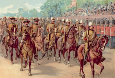 Viktória királynő gyémántjubileuma 1897, Cape és a kanadai puskák a Constitution Hill (chromolitho) elhaladása mellett alkotó: English School