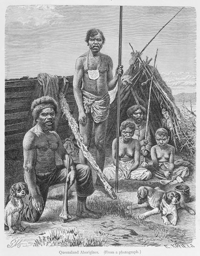 Queensland bennszülöttek, E. Krell fényképéből vésve, a „The History of Mankind” 1. kötetéből, Prof. Friedrich Ratzel, 1896 (metszet) alkotó: English School