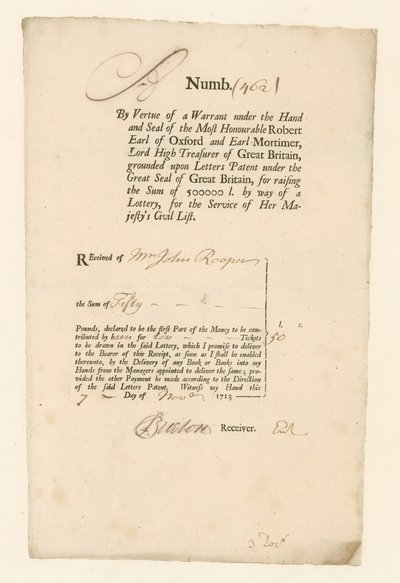 Az 1713. évi polgári névsorsolás nyugtája alkotó: English School
