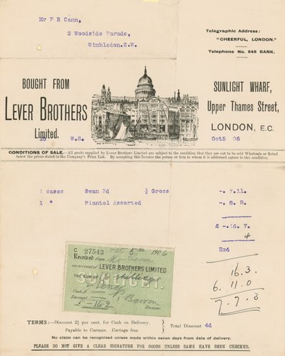 Nyugta a Lever Brothers Limited számára alkotó: English School