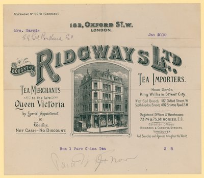 Nyugta a Ridgways-től, teaimportőröktől, 182 Oxford Street, London alkotó: English School