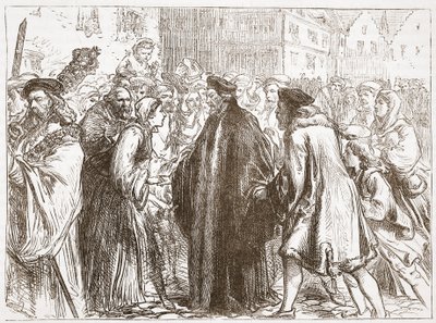 John Huss fogadása Nürnbergben, illusztráció: James Aitken Wylie (1808-1890) A protestantizmus története című könyvéből, pub. 1878 alkotó: English School