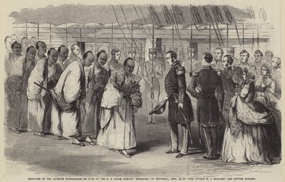 A japán nagykövetek fogadása a Roanoake nevű amerikai gőzfregatton Aspinwallban, április 25-én, W. J. McCluney zászlós és Gardner kapitány által (metszet). alkotó: English School