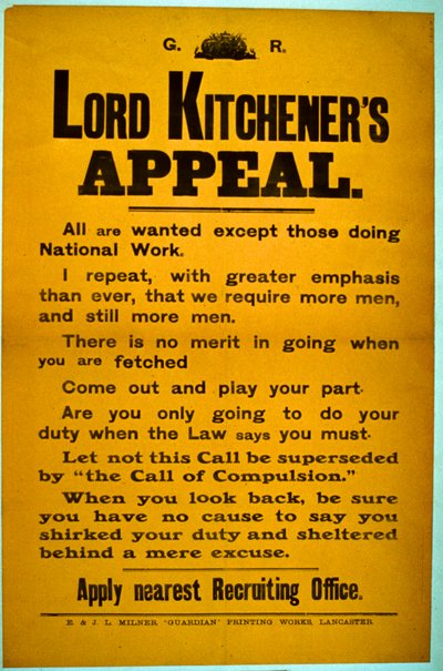 Toborzási poszter – Lord Kitcheners fellebbezése, 1914-18 alkotó: English School