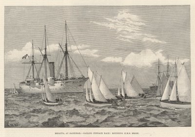 Regatta Zanzibáron, Sailing Pinnace Race, kerekítő HMS Brisk (metszet) alkotó: English School
