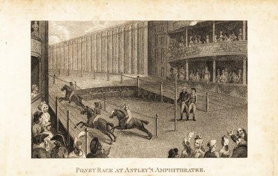 Regency közönség színházi boxokban és standokon, akik lóversenyt néznek az Astley