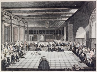 A londoni seriffek átadási ceremóniájának ábrázolása (színes metszet) alkotó: English School