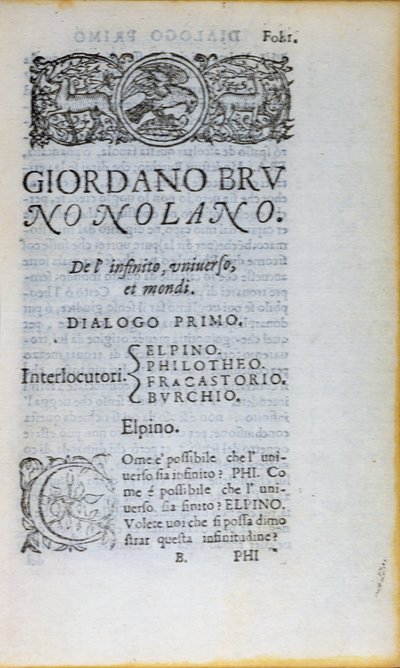 Res 28610 Giordano Bruno De lInfinito Universo et Mondi első oldala, Londonban, 1584 (nyomtatott papír) alkotó: English School