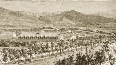 Brigham Young (1801-77) a Mormon Egyház második elnökének rezidenciája, Salt Lake City, Utah, a The Religious Tract Society által 1876-ban kiadott „American Pictures”-ből alkotó: English School
