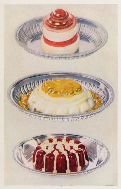 Szalagkocsonya; Vénusz puding; Borzselé és krém (színes litográfia) alkotó: English School