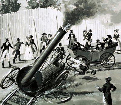 Richard Trevithick egy kis körvasutat épített Londonban, hogy megismertesse az emberekkel a vasúti utazást (gouache papíron) alkotó: English School