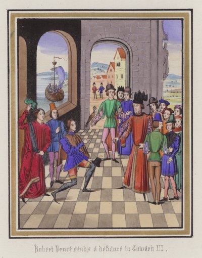 Robert Bruce szembeszáll III. Edward királlyal (színes metszet) alkotó: English School
