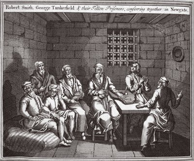 Robert Smith, George Tankerfield és rabtársaik együtt tanácskoznak Newgate-ben, illusztráció a Foxes Martyrs c.1703-ból alkotó: English School