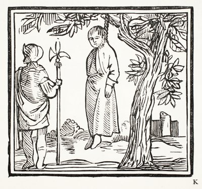 Robert felakasztja magát, illusztráció a Chap-books of the Eighteenth Century-ből, John Ashton, kocsma. 1882 alkotó: English School
