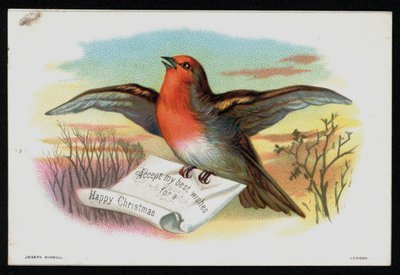 Robin karácsonyi üzenettel, üdvözlőlappal. (chromolitho) alkotó: English School