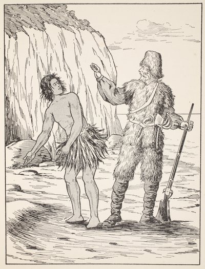 Robinson Crusoe és péntek, illusztráció a The Story of Robinson Crusoe-ból: Adaptáció gyerekeknek Defoes nyelvezetét követve, pub. Griffith Farran Browne & Co. Limited, London alkotó: English School