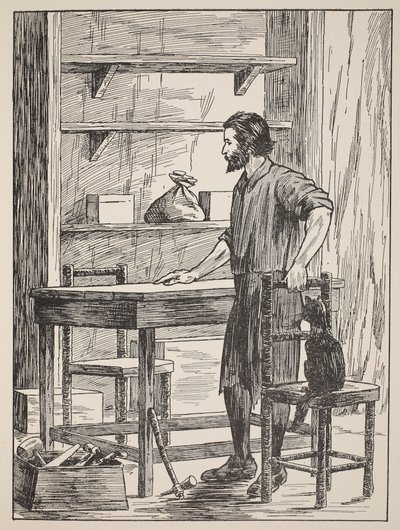 Robinson Crusoe asztalt és székeket épít a barlangjába, illusztráció a The Story of Robinson Crusoe-ból: Adaptáció gyerekeknek Defoes nyelvezetét követve, pub. írta: Griffith Farran Browne & Co. Limit alkotó: English School
