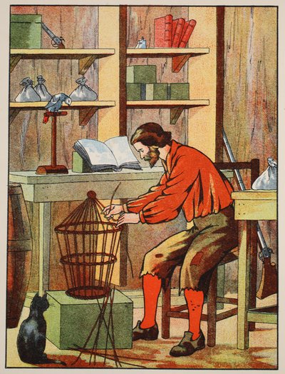 Robinson Crusoe kalitkát készít a papagájának, illusztráció a The Story of Robinson Crusoe-ból: Adaptáció gyerekeknek Defoes nyelvét követve, pub. Griffith Farran Browne & Co. Limited, London alkotó: English School
