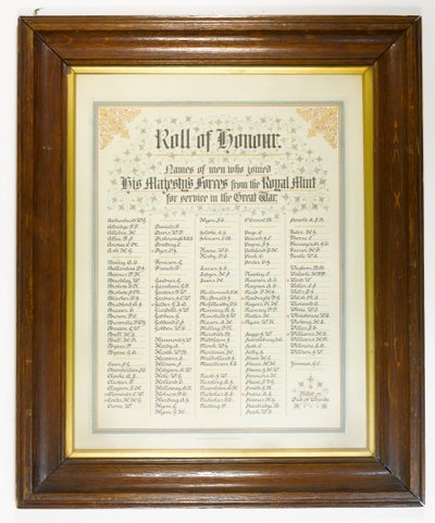 Roll of Honour, a Királyi Pénzverde emberei, akik az első világháború alatt csatlakoztak a csapatokhoz, 1918 körül (toll és tinta papíron fa keretben) alkotó: English School