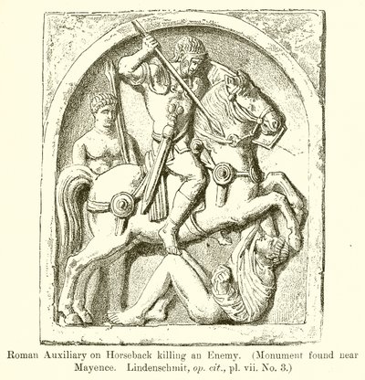 Római segédcsapat lóháton megöl egy ellenséget. (Mayence mellett talált emlékmű. Lindenschmit, op. cit., vii. 3. sz.) alkotó: English School