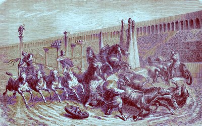 Római nyilvános játékok a birodalom alatt – szekérverseny a cirkuszban, illusztráció a The Illustrated History of the Worldből, megjelent 1880 körül (digitálisan javított kép) alkotó: English School