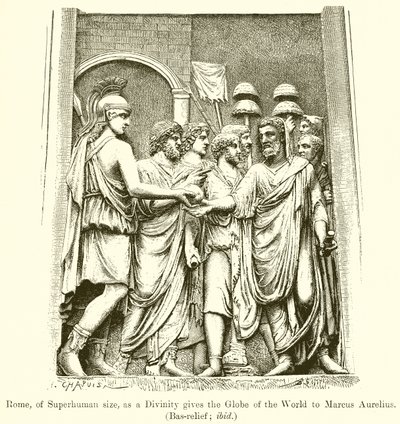 Az emberfeletti méretű Róma, mint istenség, Marcus Aureliusnak adja a Világ Földgömbjét. (Déldombormű; uo.) alkotó: English School
