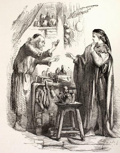 Rómeó mérget vásárol a patikustól, illusztrációt a Rómeó és Júliától, a „The Illustrated Library Shakespeare”-ből, 1890-ben Londonban (litho) alkotó: English School