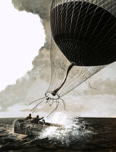 Rosemary Mudie és férje egy transzatlanti átkelést kísérelnek meg ballonnal (papíron gouache) alkotó: English School