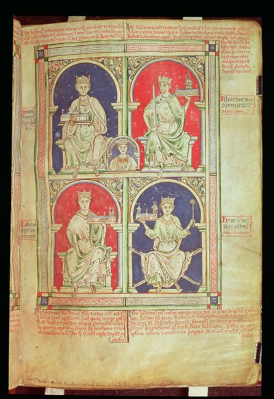 Roy 14 C VII f.9 Anglia négy királya, a „Historia Anglorum”-ból (vellum) . alkotó: English School