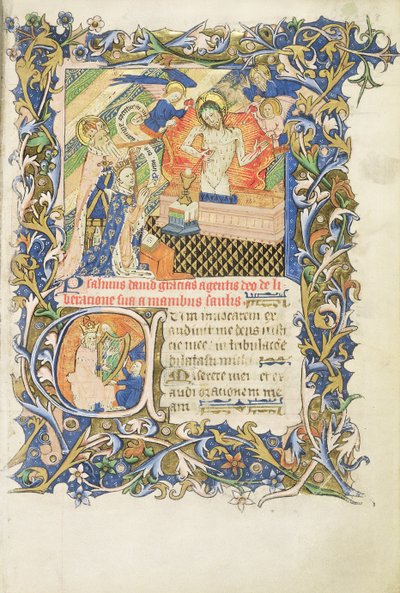 Roy 2 B I f.8 Koronás alak, amelyet a Szánalom képe előtt térdelő szürke szakállas szent támogat, Humphrey Gloucester hercegének zsoltárából, 1420-30 körül (vellum) alkotó: English School