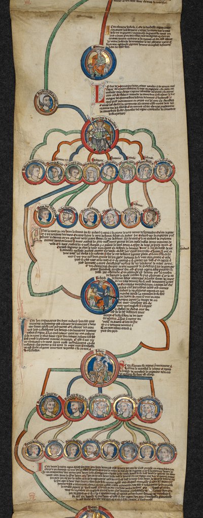 Royal 14 B. VI, Membrane 6, The Royal Genealogy from Steven to John, illustration from the Genealogical list of the Kings of England, 1300-40 (vellum) alkotó: English School