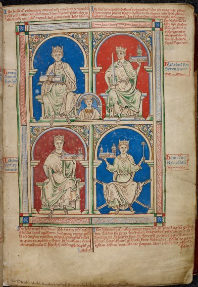 Royal 14 C. VII, f.9 Anglia négy királya: II. Henrik, I. Richárd, János és III. Henrik a Westminster Abbey-vel, a Historia Anglorumból alkotó: English School