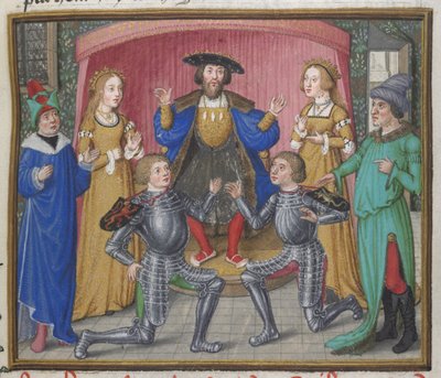 Royal 18 D.II, f.151 Polynices és Tydeus kibékülve, illusztráció a „Théba ostromából”, 1455-1462 körül (vellum) alkotó: English School