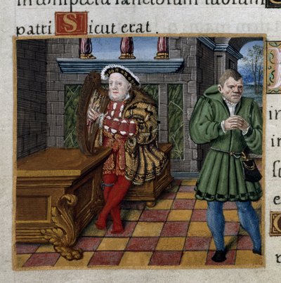 Royal 2 A. XVI, f.63v VIII. Henrik hárfával és bolondjával, William Somers, 52. zsoltár, „VIII. Henrik zsoltárából” alkotó: English School