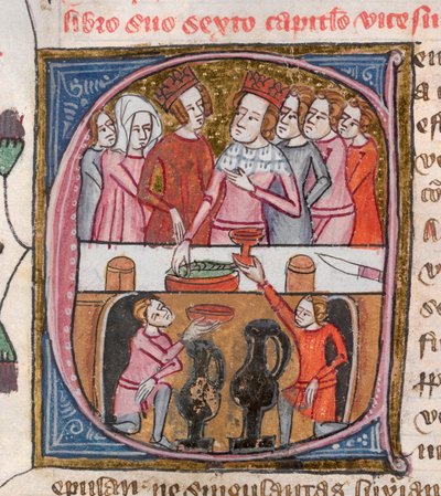 Royal 6 E. VI, f.259v, Királyok és királynők lakomája, az „Omne Bonum”-ból alkotó: English School