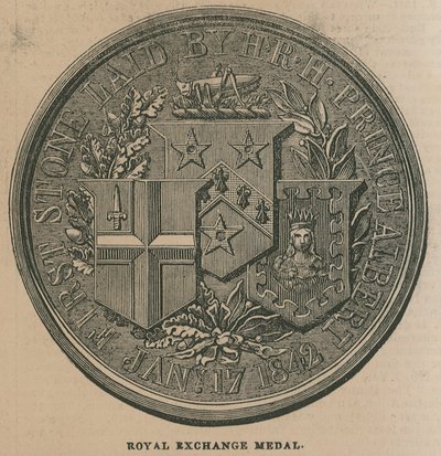 Királyi csereérem, amelyet a Királyi Tőzsde 1844-es megnyitásának emlékére ütöttek alkotó: English School