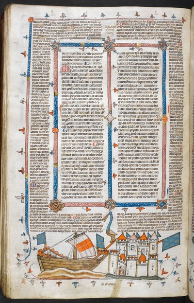 Royal MS 10 IV f.208v Haditengerészeti támadás és Marginal Dekoráció, illusztráció a „The Smithfield Decretals”-ból (vellum) alkotó: English School