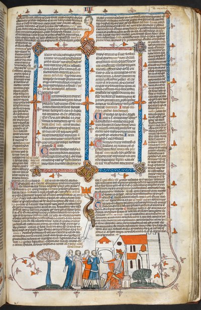 Royal MS 10 IV f.240r Király, aki megvédi a palotáját és a szélső díszítést, illusztráció a „Smithfield Decretals”-ból (vellum) alkotó: English School