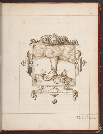 Royal MS 18 A XLVIII, fol. 12r, Latin mottóval ellátott embléma George Gascoine Hemetes, a remete bemutató példányából alkotó: English School