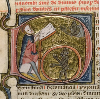 Royal MS 6E VI fol.535v Egy varázsló, aki démonokat idéz, James le Palmer „Omne Bonum” című művéből alkotó: English School