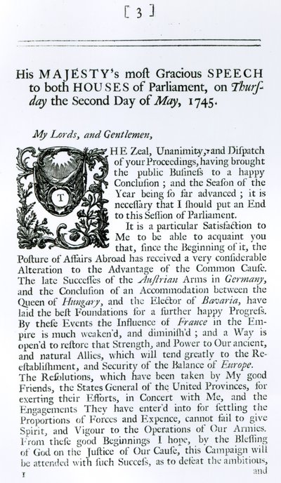 Királyi beszéd a Parlament mindkét házában, 1745. május 2. (nyomtatott) alkotó: English School