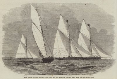 Royal Yacht Squadron Regatta, az Őfelsége Kupájáért vívott mérkőzés, az Old Castle Point első felszállása (metszet) alkotó: English School