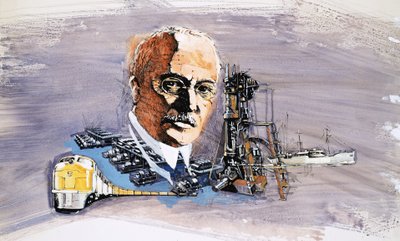 Rudolf Diesel vonatok, hajók és dokkok hátterében alkotó: English School