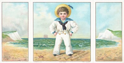 Tengerész fiú a tengerparton, karácsonyi üdvözlőlap. alkotó: English School