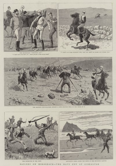 Tengerészek lóháton, a haditengerészet kupája Gibraltáron (metszet) alkotó: English School