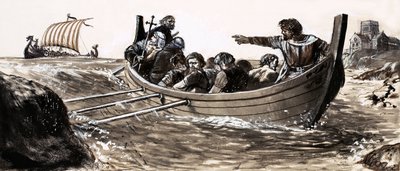 Saint Malo megszökik a portyázó vikingek elől (guache papíron) alkotó: English School