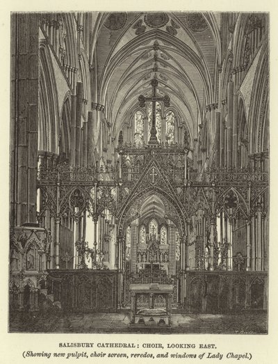 Salisbury katedrális, kórus, kelet felé néz, új szószék, kórus paraván, reredók és a Lady Chapel ablakai alkotó: English School