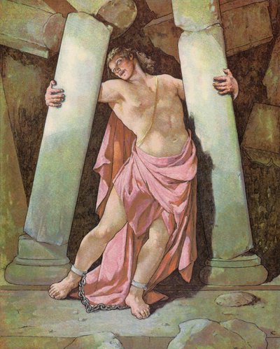 Sámson összetöri a templom pilléreit (színes litográfia) alkotó: English School