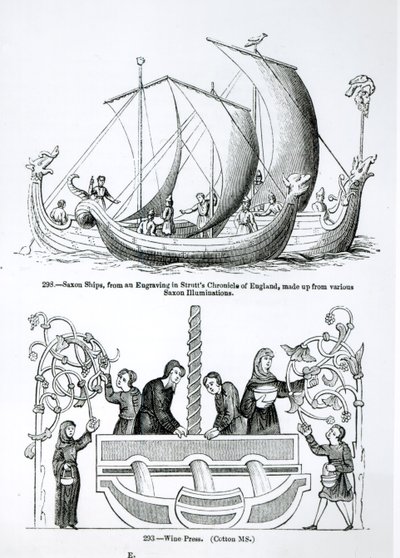 Szász hajó, a Strutts Chronicle of England metszetéből és egy borprésből alkotó: English School