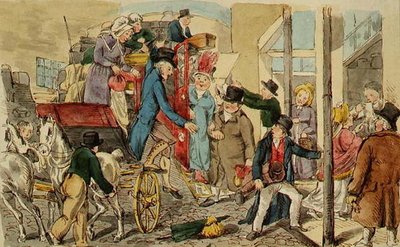 Jelenet egy fogadó udvarán, Egy autóbusz érkezése, 1820 körül (toll, tinta és akvarell papíron) alkotó: English School